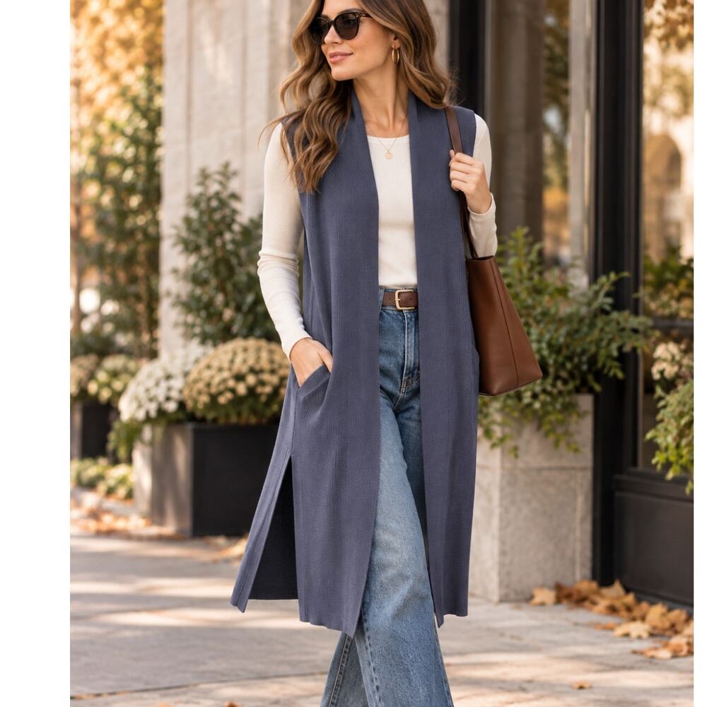 Wilfred Aritzia Longline Knit Duster Vest Blue Gray S Sleeveless Cardigan Fall